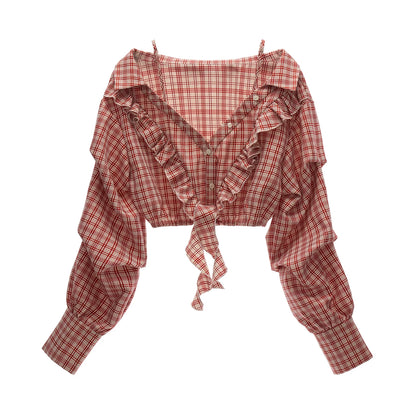 "Retro Rouge Mood" Plaid Tie Front Off-Shoulder Top WE950