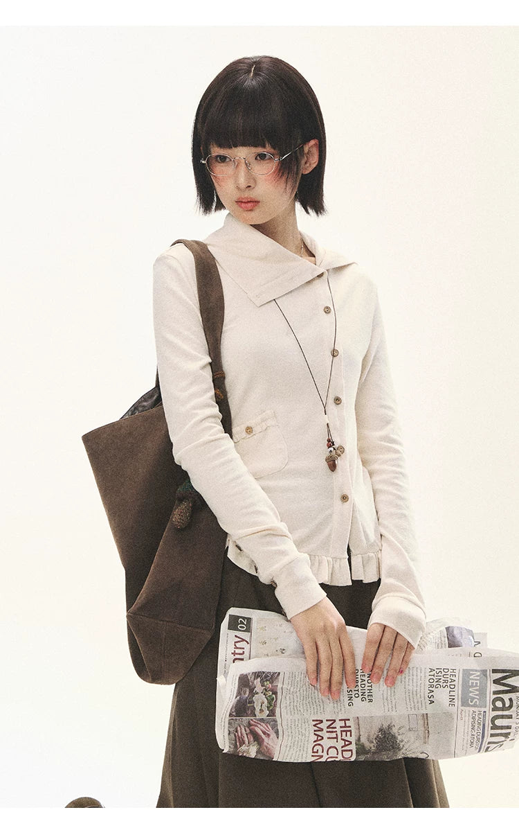 "Cotton Ruffle" Tea Apricot Asymmetric Knit Cardigan
