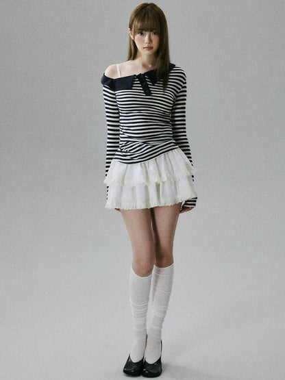 LOST FOREST - Striped Asymmetrical Lyocell-Wool Layering Top