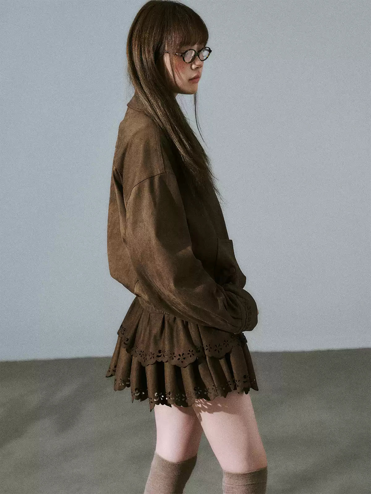 LOST FOREST - Vintage Brown Suede-Style Jacket & Skirt Set