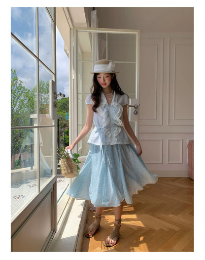 “Blue Breeze Sonata” Blue Ruffle Lace Blouse