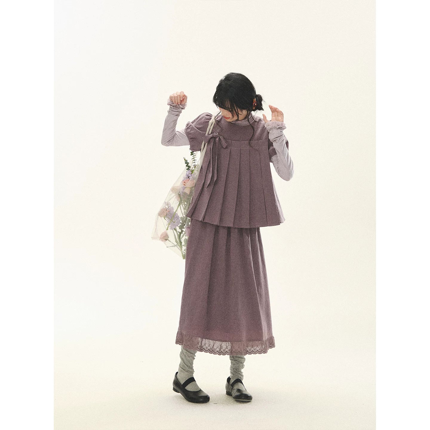 "Whispers Between Pleats" Gray Grape Purple Pleated Top & Maxi Skirt Set