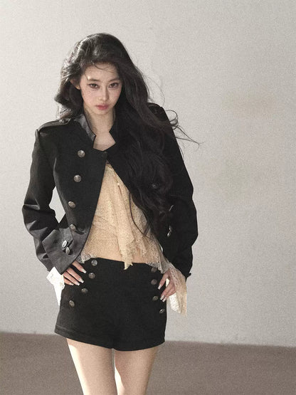 AOMALM - Black Napoleon-Style Jacket & Shorts Set with Milk Tea Top