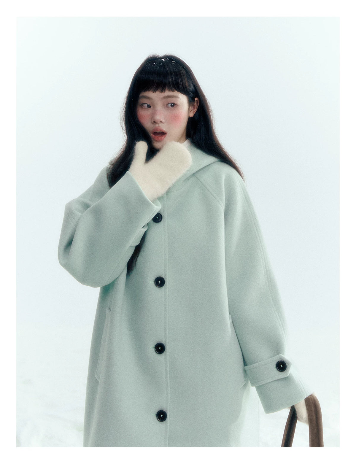 Pale Aqua Green Hooded Cocoon Wool-Blend Coat