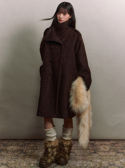 Soote Season - Deep Roast Brown Korean-Inspired Lady Collar Bouclé Long Wool Coat