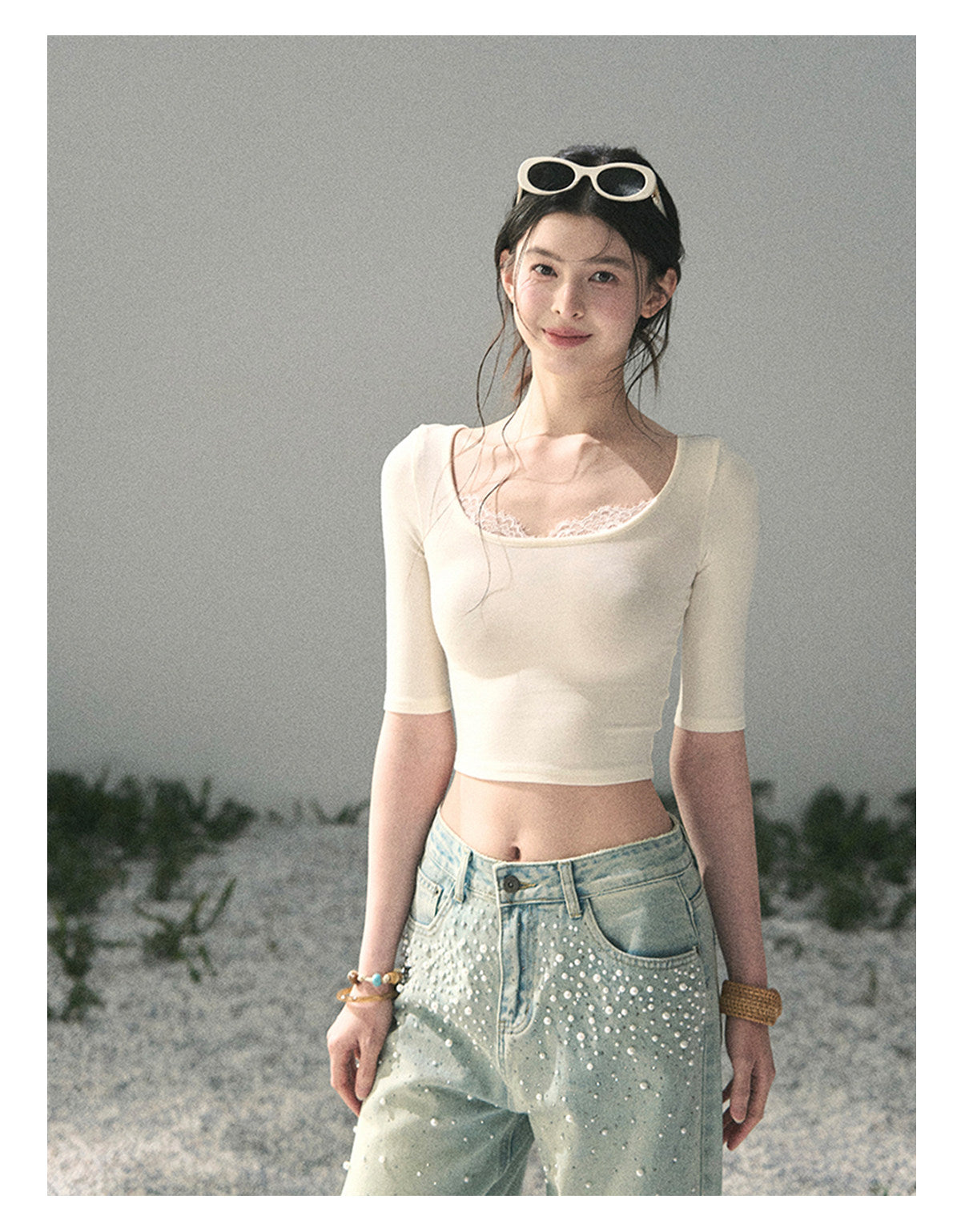 “Soft Winds in Lace” Ivory Lace Trim Fitted Top