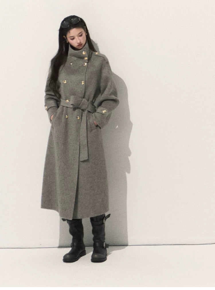 OAKMOO/ Pure Wool Belted Double-Faced Stand Collar Coat (Silver Blue / Flint Gray)