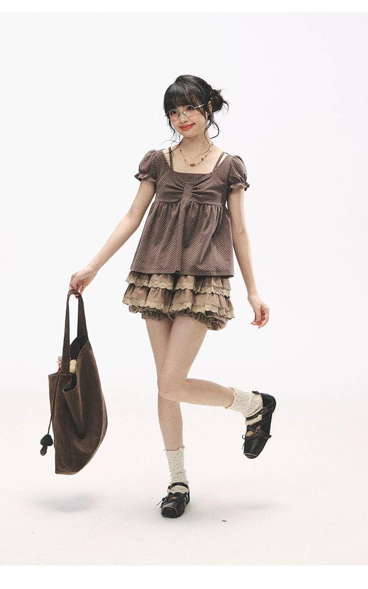 "Sweetheart Crew" Polka Dot Faux Two-Piece Bow Knit Short Sleeve Top