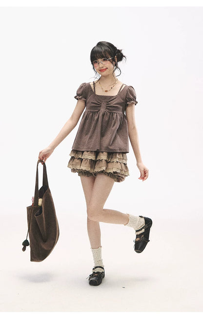"Sweetheart Crew" Polka Dot Faux Two-Piece Bow Knit Short Sleeve Top