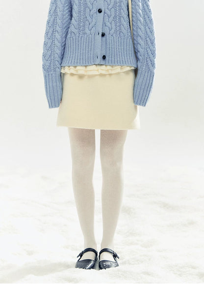 "Morning Mist" A-Line Wool-Blend Mini Skirt (Mist Gray/ Cream Beige)