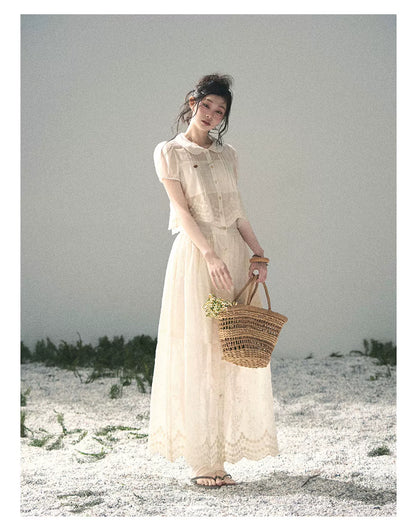 "Apricot Blossom After Rain" Dutch Cheese Lace Blouse & Maxi Skirt Set 532453