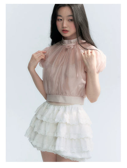 Vintage Stand Collar Bow Puff Sleeve Waist-Cinching Blouse with Knit Cami Set