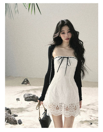 "Moonwoven Reverie" Cloud White Lace Bodycon Mini Dress & Serenity Black Cardigan 5132