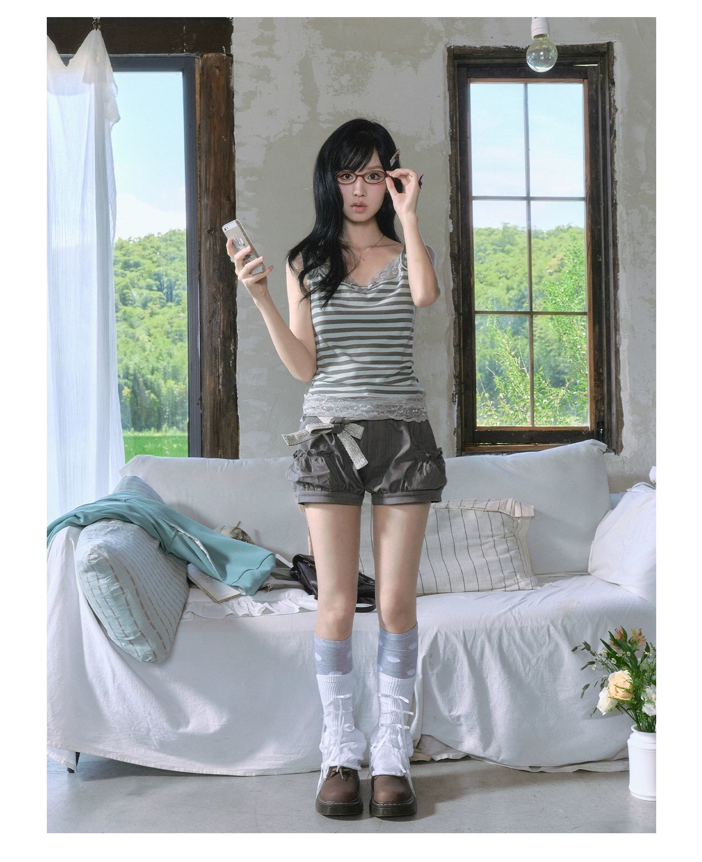 "Sage Whisper" Two-Tone Lace Cami Top (Sage Stripe / Lavender)
