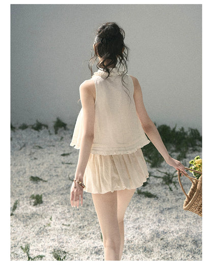 "Soft Cloud Reverie" Dutch Cream Lace Top & Bubble Skirt & Wide-Leg Pants Set 5468465