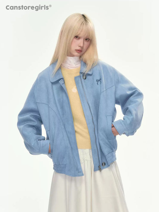 [CAN] Dusty Blue Suede Bow Embroidery Jacket