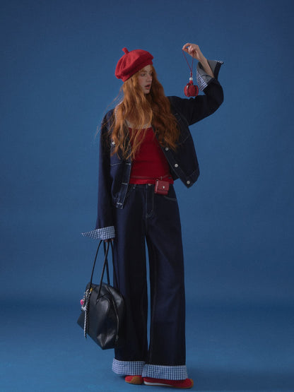 ASGONY - Patchwork Denim Jacket & Wide-Leg Jeans Set