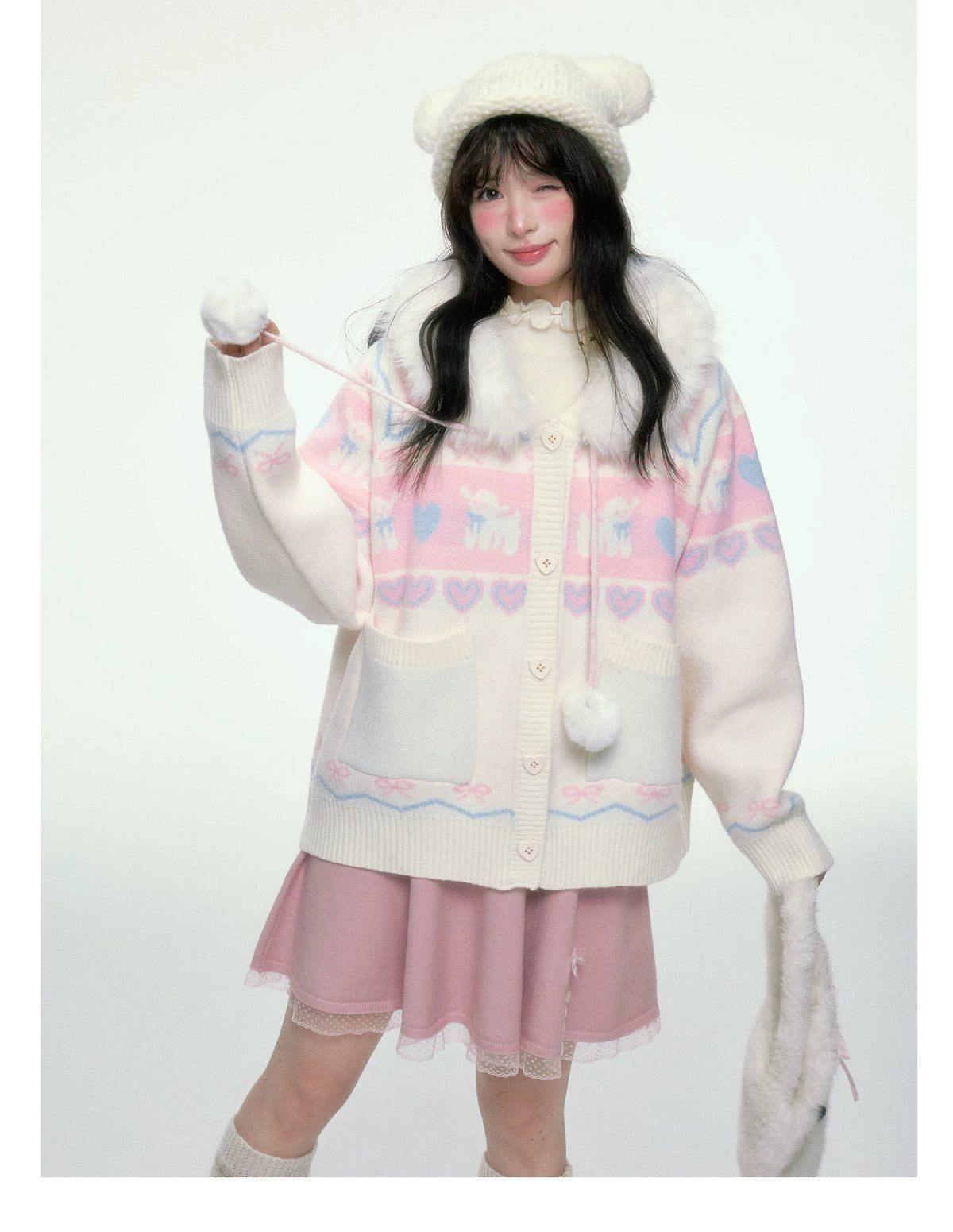 BIBIBENCY - Pink and White Hooded Knit Cardigan with Faux Fur Trim