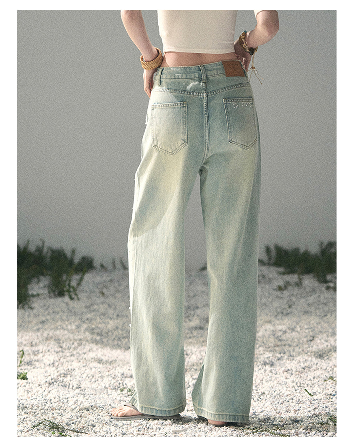 “Blue Shimmer Notes” Vintage Blue Embellished Wide-Leg Jeans