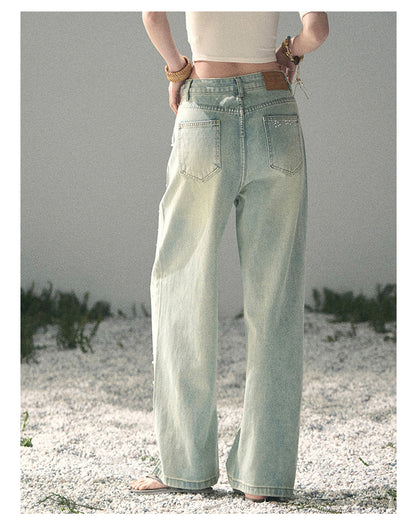 “Blue Shimmer Notes” Vintage Blue Embellished Wide-Leg Jeans