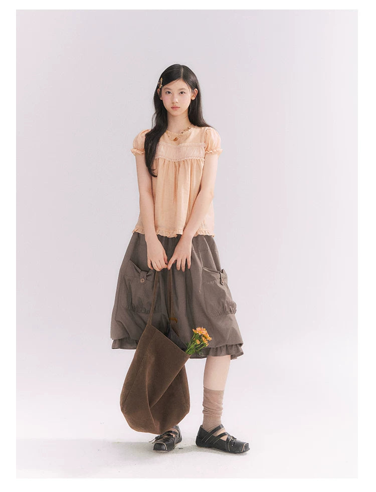 “Orange Soda” Seashell Orange Mesh Panel Puff Sleeve Top