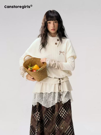 [CAN] "Cloud Knit Reverie" Ivory Cable Knit Bow Embroidered Vest