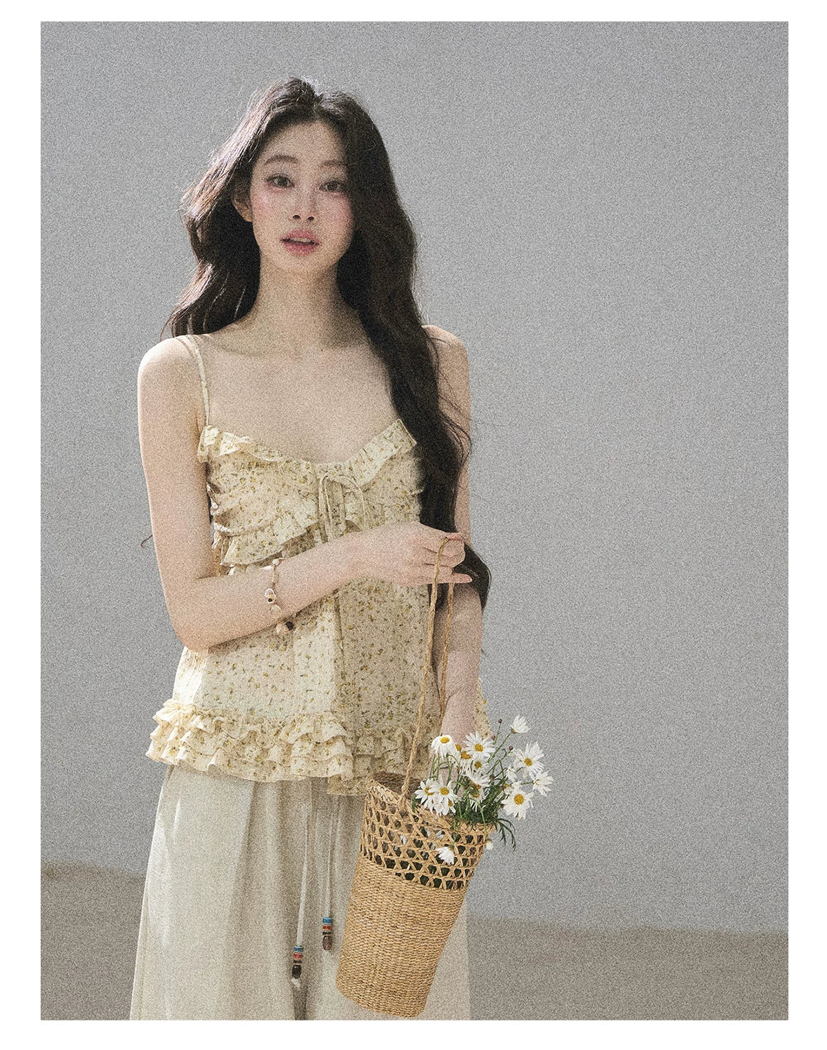 "Her Little Daisy" Milkshake Yellow Floral Ruffle Cami Top