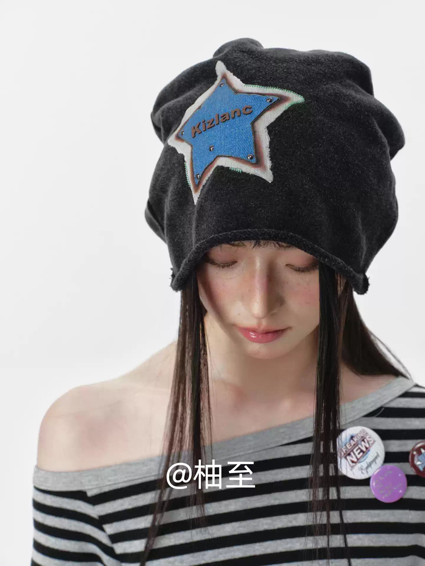 Black Star Print Slouchy Beanie – Oversized Star Head Wrap Hat