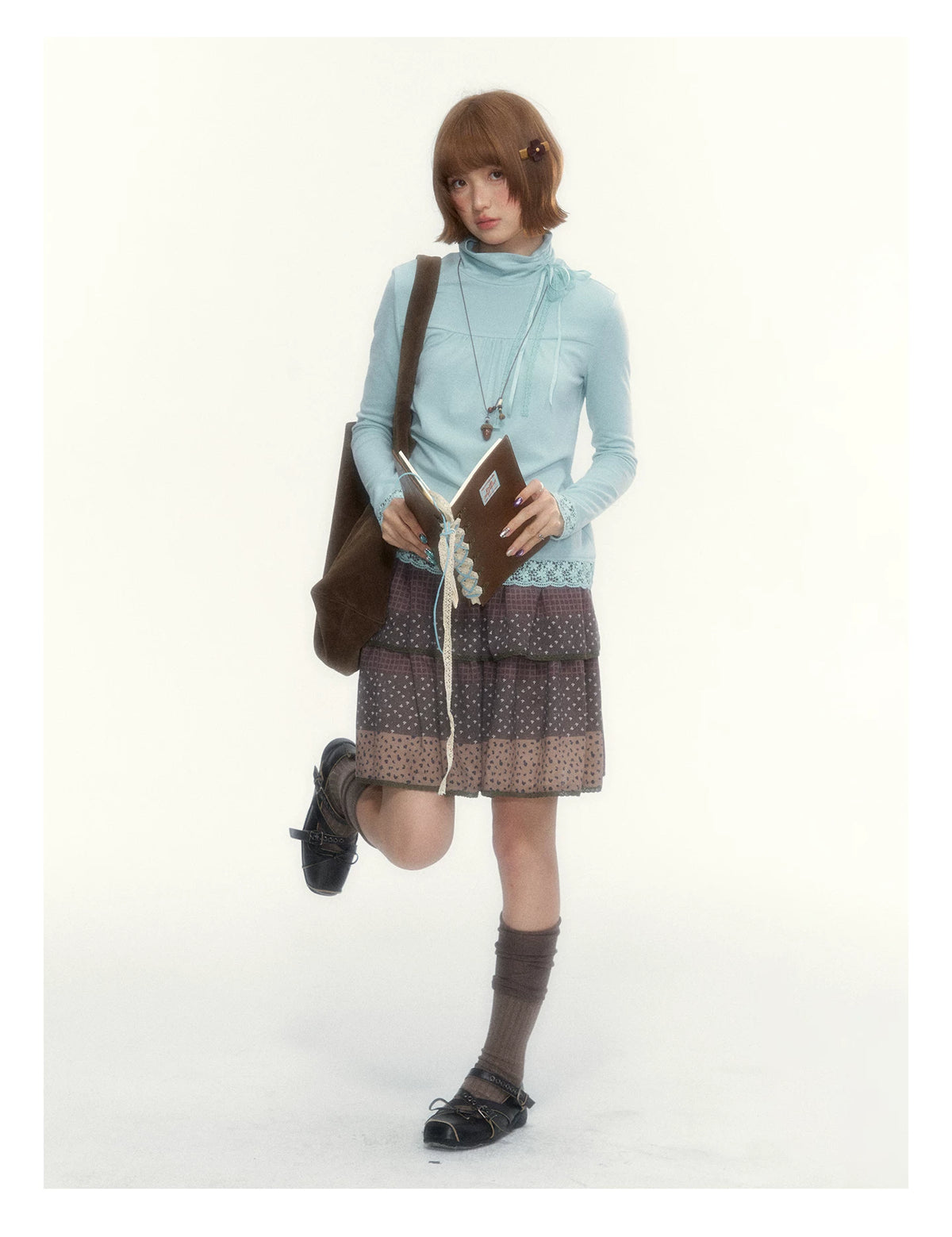 “Caramel Patchwork” Brown Patchwork Floral Plaid Lace A-Line Tiered Skirt
