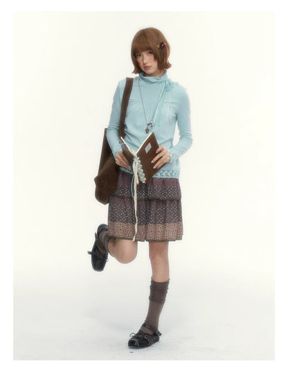 “Caramel Patchwork” Brown Patchwork Floral Plaid Lace A-Line Tiered Skirt