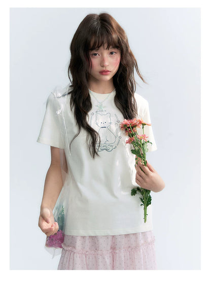 "Garden Kitty" Ivory Embroidered Cat Cotton T-Shirt