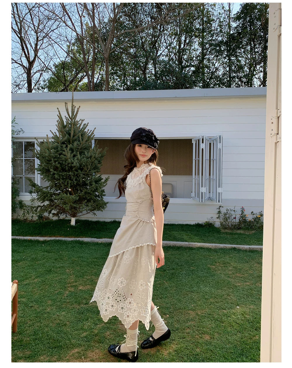 “Tea Garden Reverie” Light Apricot Plaid Embroidered Dress