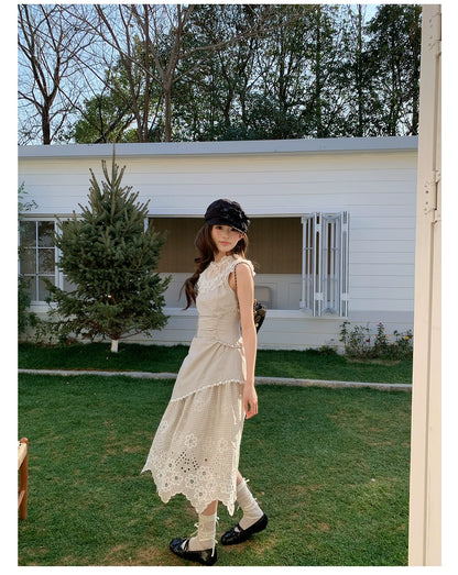 “Tea Garden Reverie” Light Apricot Plaid Embroidered Dress