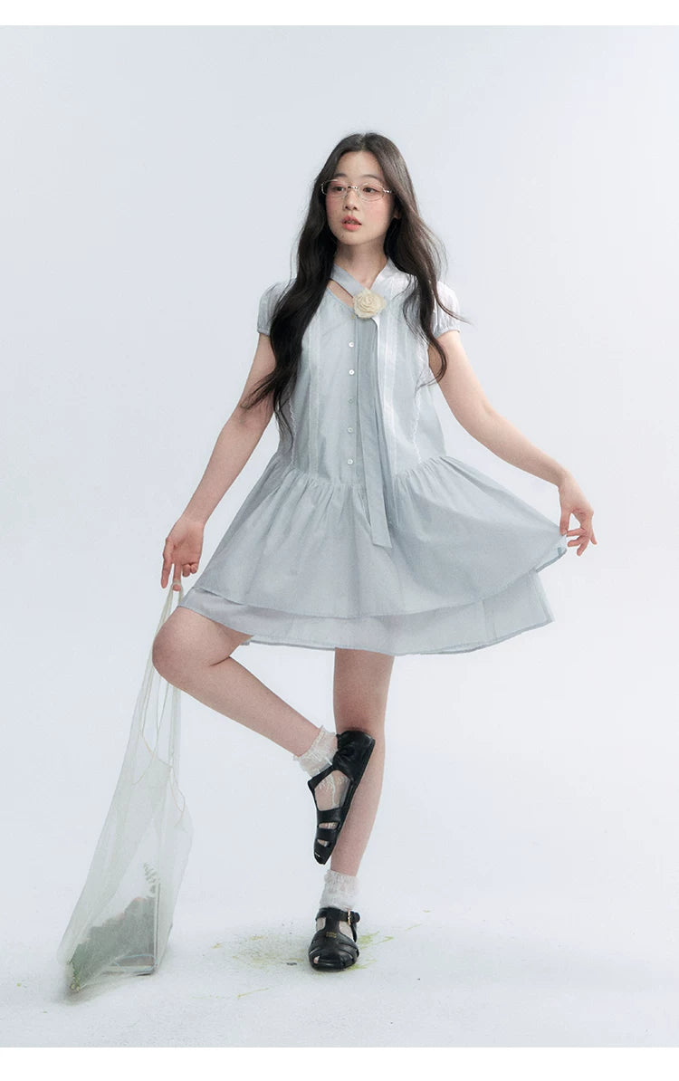 "Cedar Salt" Cool Moon Blue Lace Trim Puff Sleeve Dress