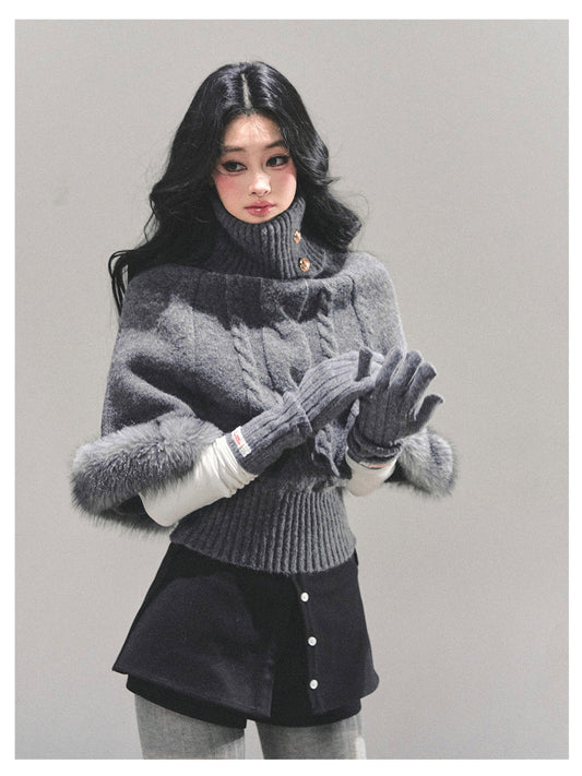 少也眼 “Only She Remains Awake" Gray Mohair High-Neck Knit Sweater (with detachable faux fur)