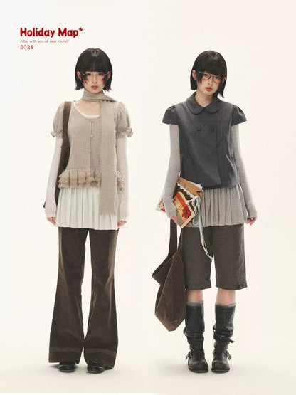 "Spring Memoir" TENCEL™ Wool Pleated Knit Midi Dress (Oat Gray/ Butter Cream)