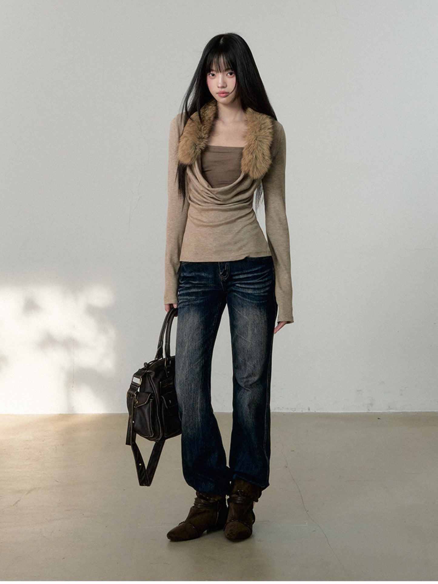 Soote Season - Oatmeal Faux Two-Piece Draped Fur-Collar Knit Base Top