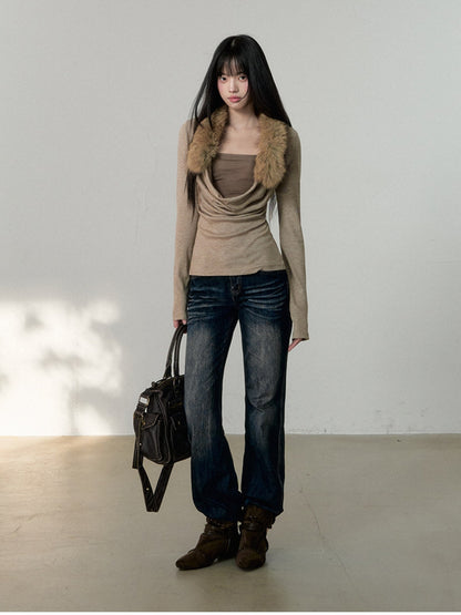 Soote Season - Oatmeal Faux Two-Piece Draped Fur-Collar Knit Base Top