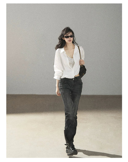 AOMALM - "Wandering Sunlight" Almond Beige Faux Two-Piece Lace Shirt Top