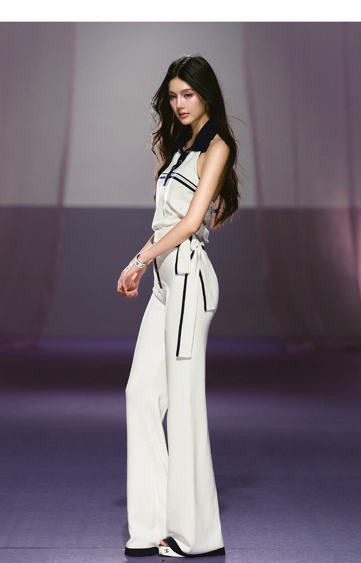 "Coastal Ease" Ivory Halter Knit Top & Contrast Knit Flare Pants Set