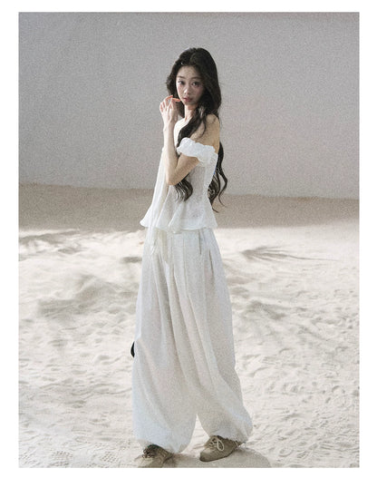 "Lazy Soliloquy" White Peplum Top & Wide-Leg Pants Set
