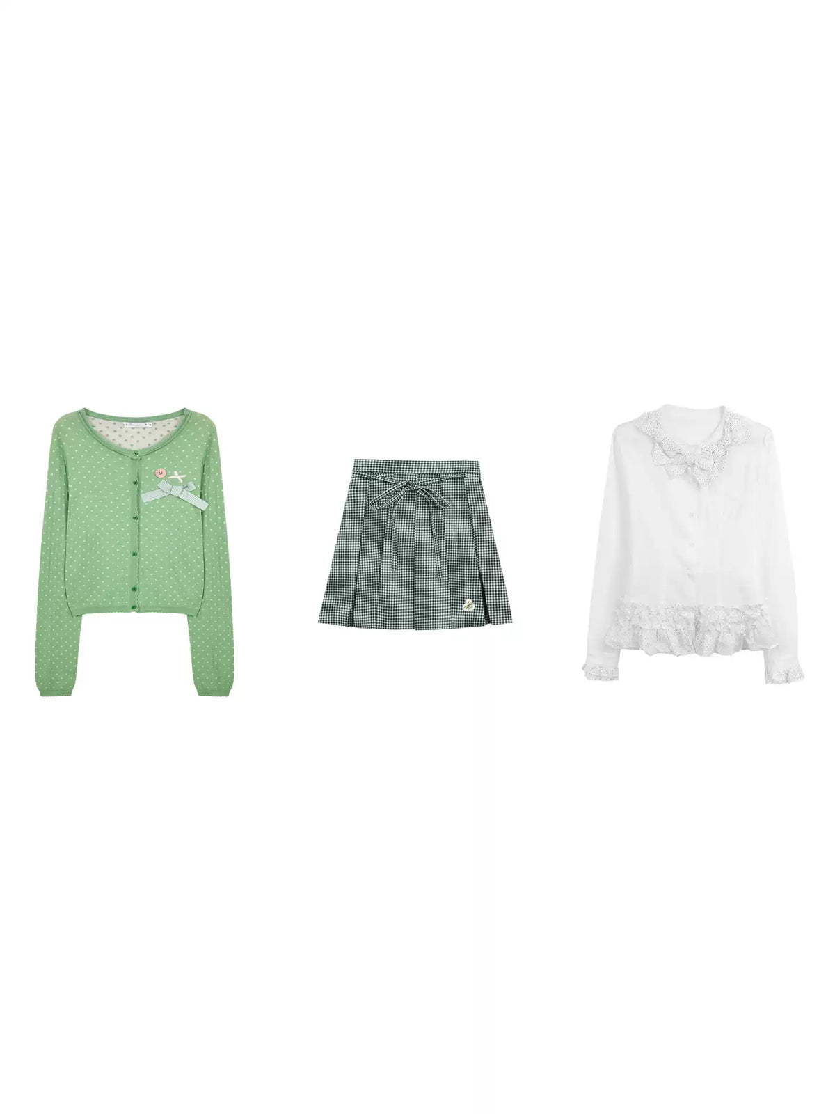"Spring Jade" Green Polka Dot Collection (Green Knit Cardigan / White Blouse / Green Plaid Pleated Skirt)