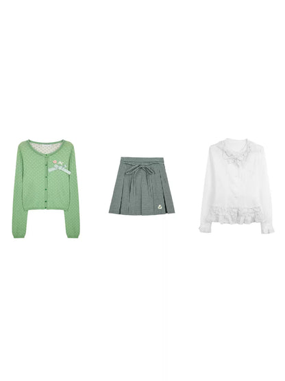 "Spring Jade" Green Polka Dot Collection (Green Knit Cardigan / White Blouse / Green Plaid Pleated Skirt)
