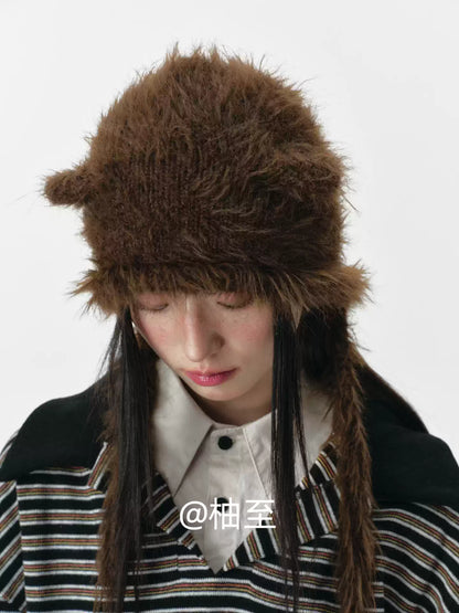Chocolate Brown Plush Cat Ear Hat – Cozy Ear-Warmer Beanie