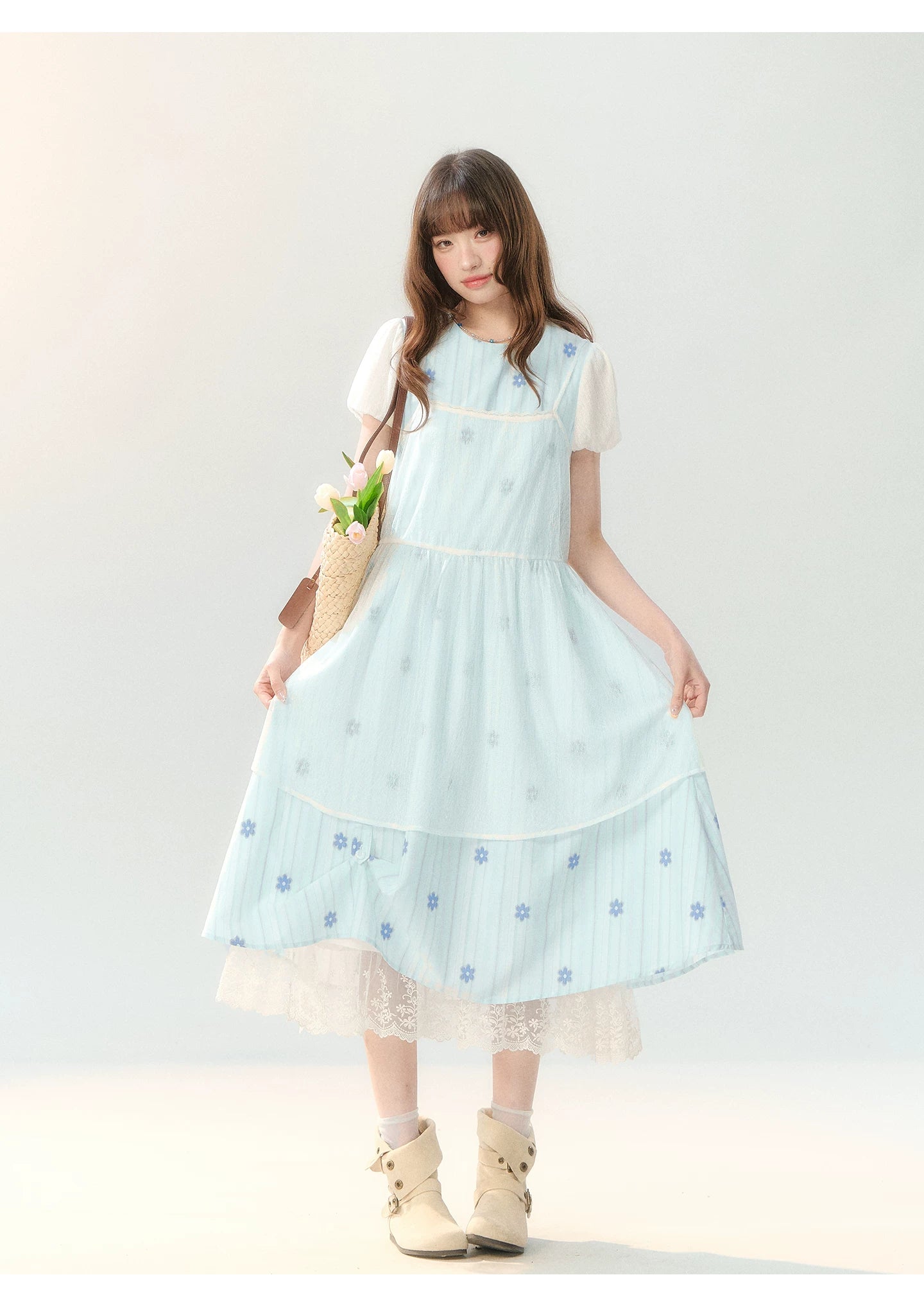 "Soft Bloom Chronicle" Blue Floral Dress & Apricot Cami Set