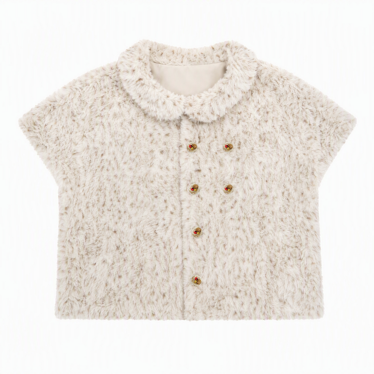 [RF] Cream Beige & Chestnut Speckle Plush Short-Sleeve Vest Jacket with Peter Pan Collar