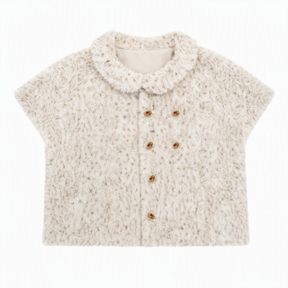 [RF] Cream Beige & Chestnut Speckle Plush Short-Sleeve Vest Jacket with Peter Pan Collar