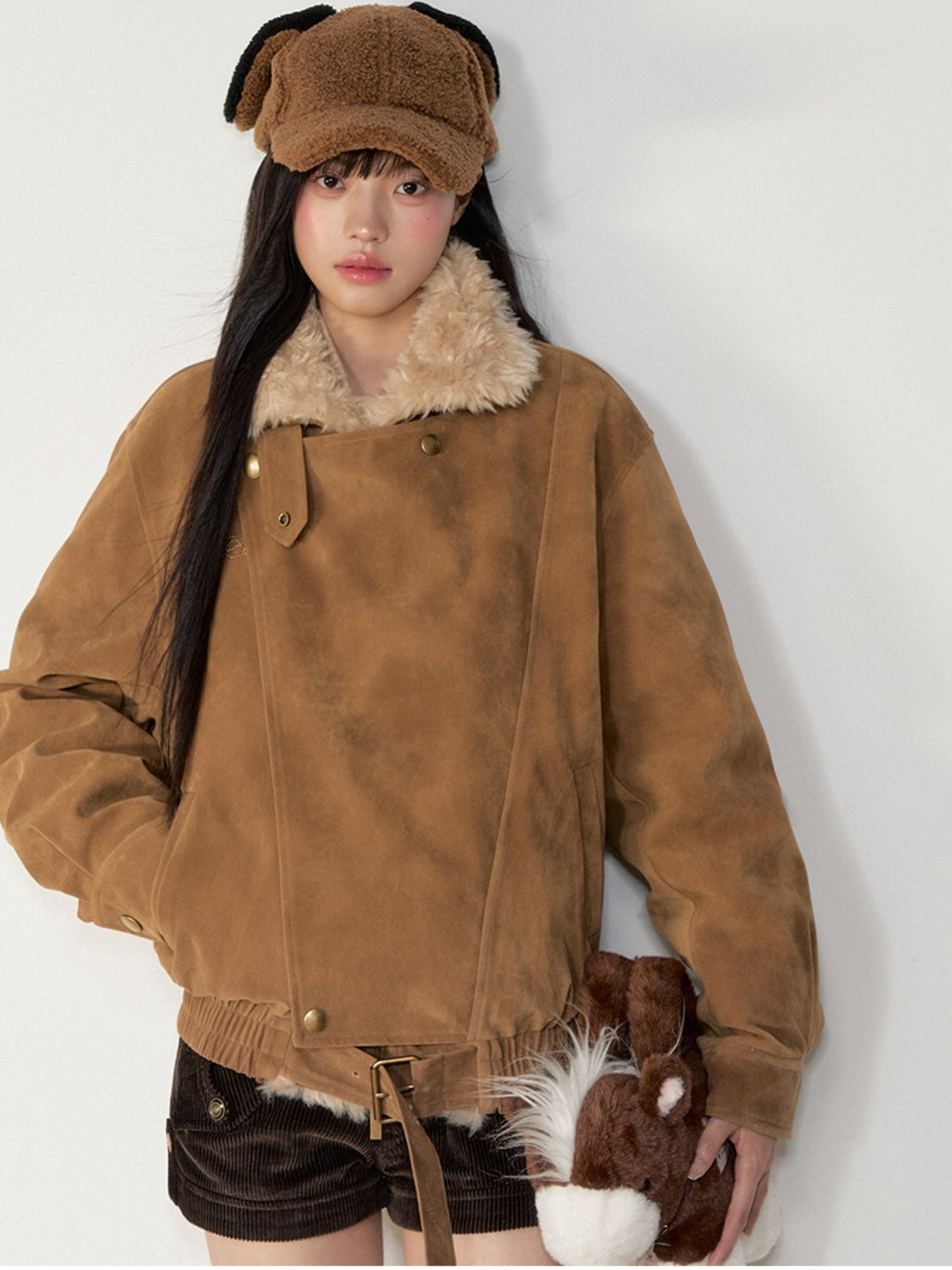 Soote Season - “Melard Mood” Retro Faux Suede Shearling-Trim Biker Jacket - Almond Brown