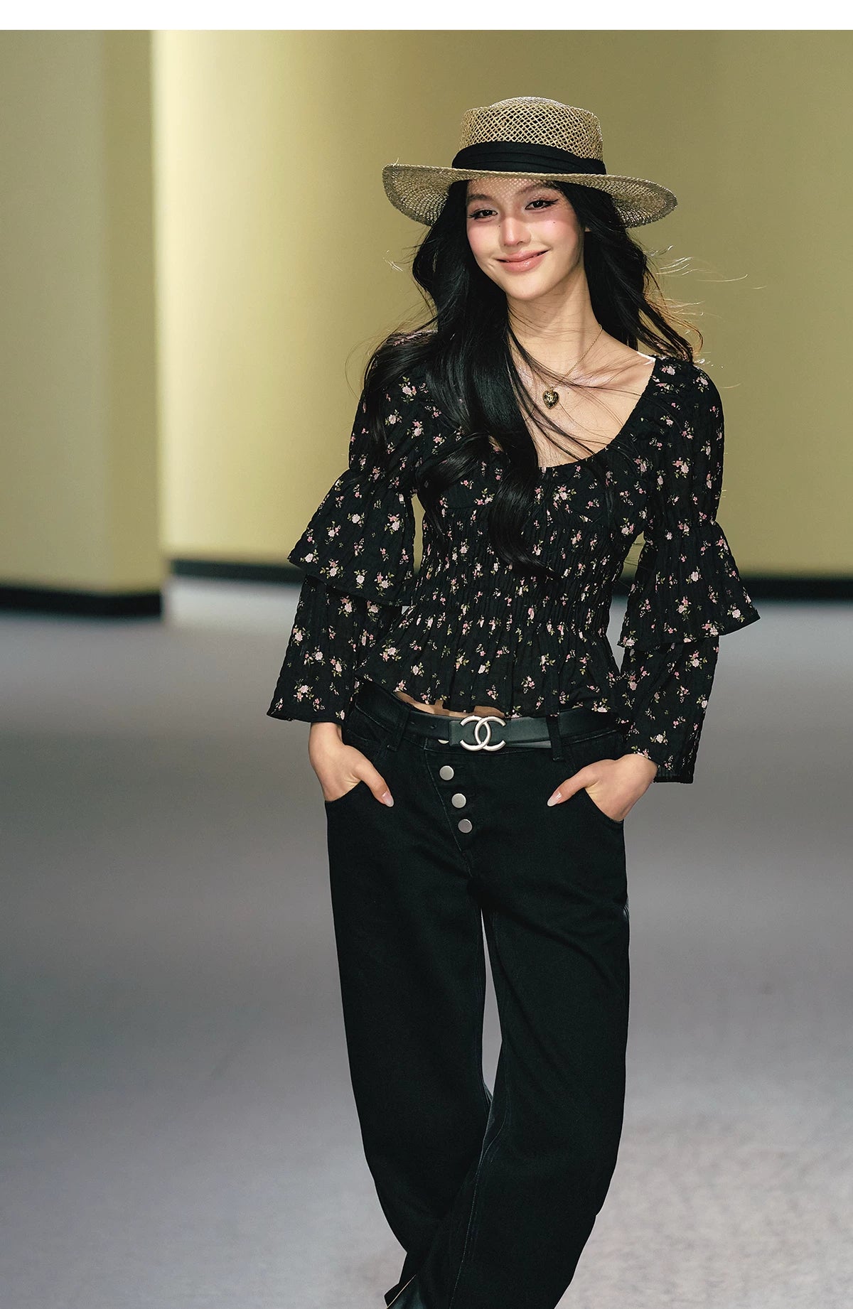 "Midnight Tea Garden" Black Floral Ruffle Blouse & Tiered Mini Skirt Set