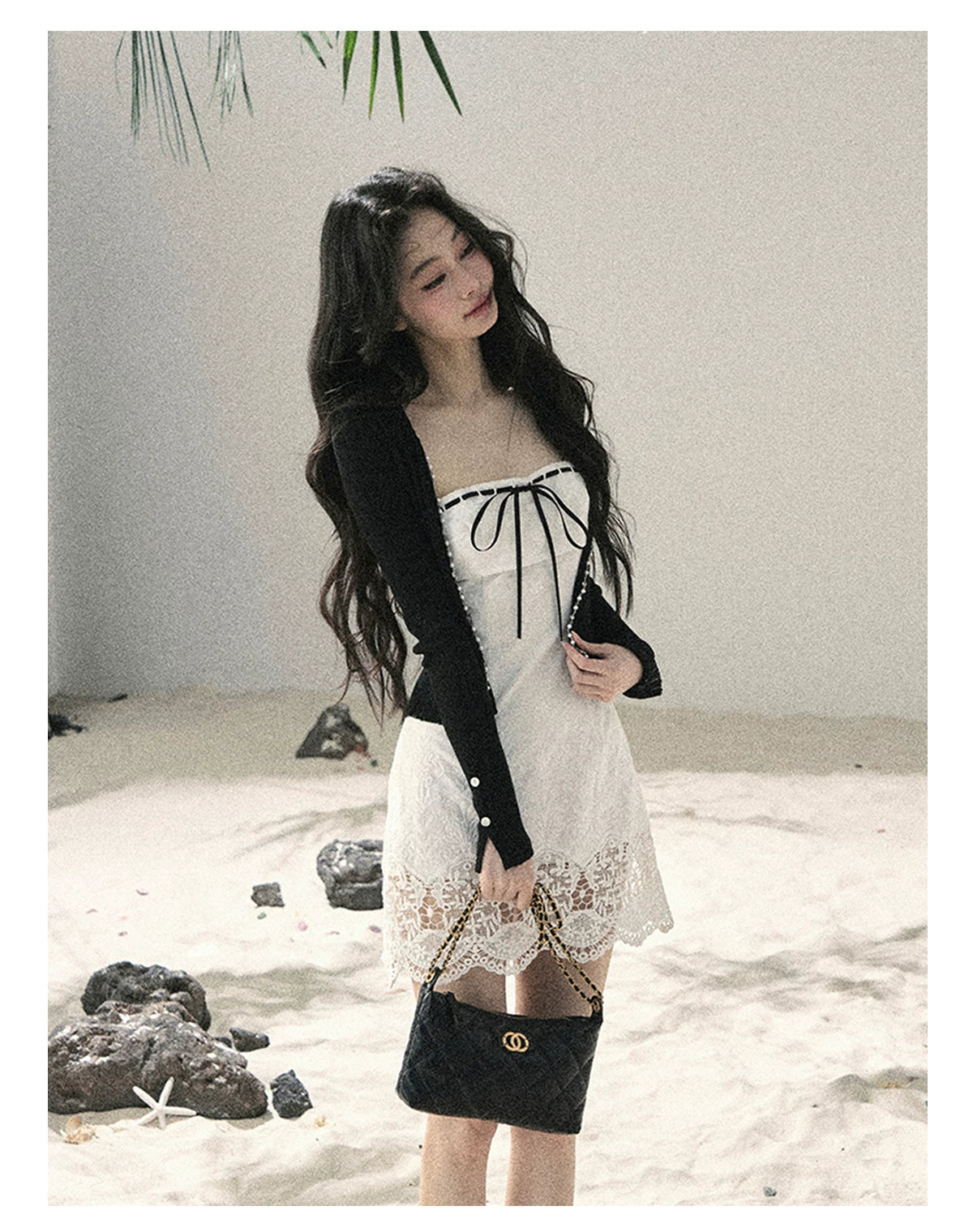 "Moonwoven Reverie" Cloud White Lace Bodycon Mini Dress & Serenity Black Cardigan 5132
